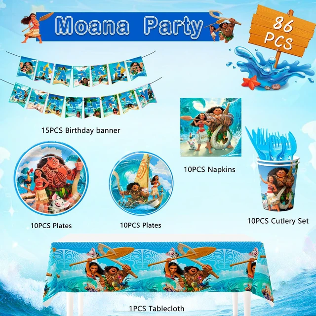 Alt view image 7 of 7 - 86 Pcs Moana Birthday Party Decorations & Tableware Packs Includ Moana Banners Tablecloth Plates Cups Napkins etc Moana Party Tableware for Moana Party Supplies for Boys/Girls, Serves 10