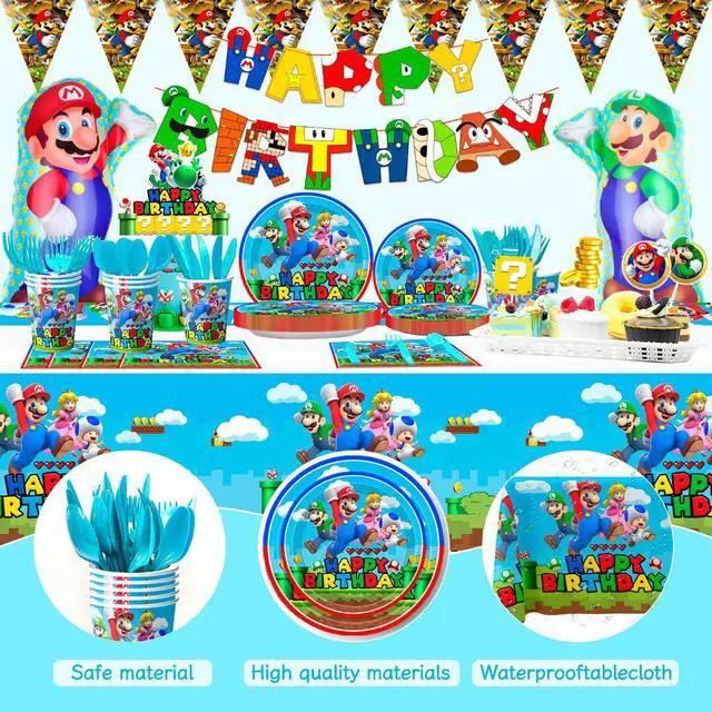 Alt view image 2 of 6 - Mario Birthday Party Supplies, 123 Pcs Mario Party Decorations & Tableware Set - Super Mario Bros Balloons Banner & Mario Party Plates Napkins Tablecloth etc Super Mario Party Supplies for Boys Kids