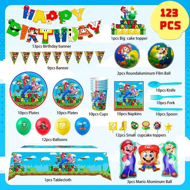 Alt view image 6 of 6 - Mario Birthday Party Supplies, 123 Pcs Mario Party Decorations & Tableware Set - Super Mario Bros Balloons Banner & Mario Party Plates Napkins Tablecloth etc Super Mario Party Supplies for Boys Kids