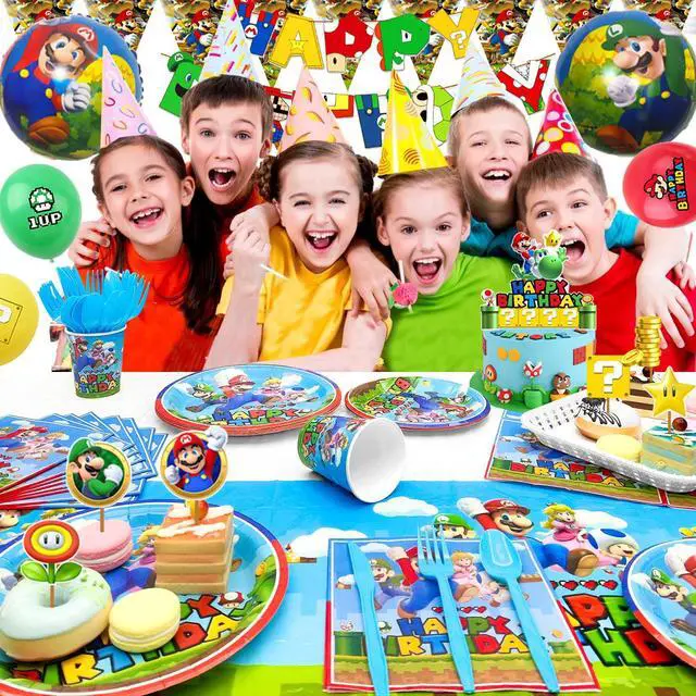 Alt view image 5 of 6 - Mario Birthday Party Supplies, 123 Pcs Mario Party Decorations & Tableware Set - Super Mario Bros Balloons Banner & Mario Party Plates Napkins Tablecloth etc Super Mario Party Supplies for Boys Kids