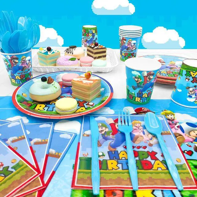 Alt view image 4 of 6 - Mario Birthday Party Supplies, 123 Pcs Mario Party Decorations & Tableware Set - Super Mario Bros Balloons Banner & Mario Party Plates Napkins Tablecloth etc Super Mario Party Supplies for Boys Kids