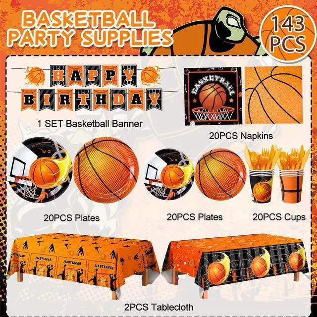 Alt view image 6 of 6 - 20 Guests Basketball Party Tableware, Basketball Birthday Tableware Basketball Plates and Napkins Tablecloths Basketball Happy Birthday Banner etc Basketball Tableware for Basketball Party Decorations