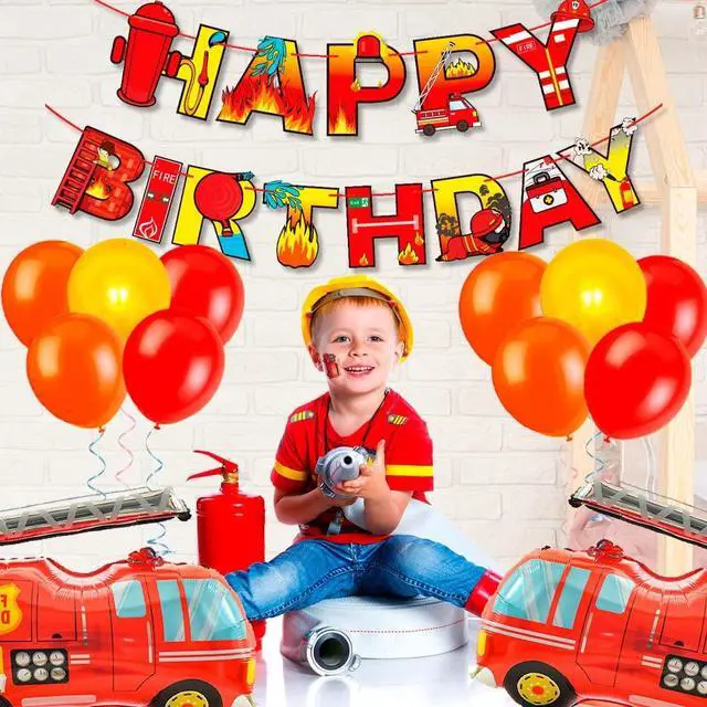 Alt view image 2 of 6 - Fire Truck Birthday Party Supplies, 16 Guests Fire Truck Party Tableware, Firetruck Decorations Balloons Plates Napkins Tablecloth etc Fireman Birthday Party Decorations
