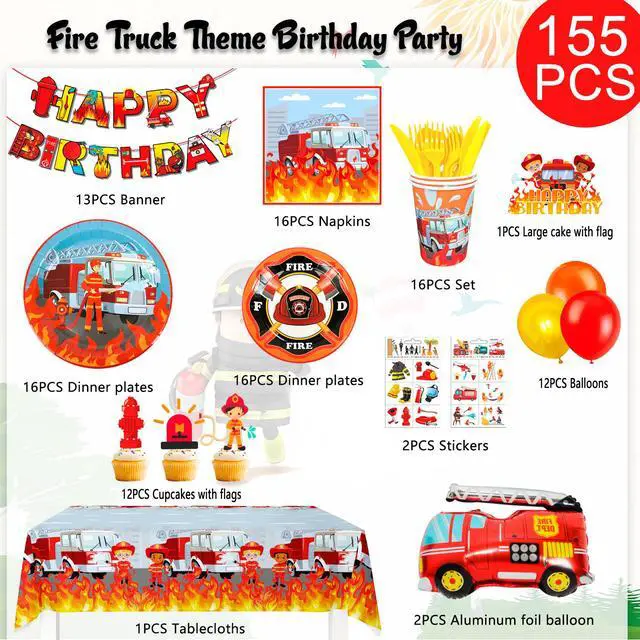 Alt view image 6 of 6 - Fire Truck Birthday Party Supplies, 16 Guests Fire Truck Party Tableware, Firetruck Decorations Balloons Plates Napkins Tablecloth etc Fireman Birthday Party Decorations