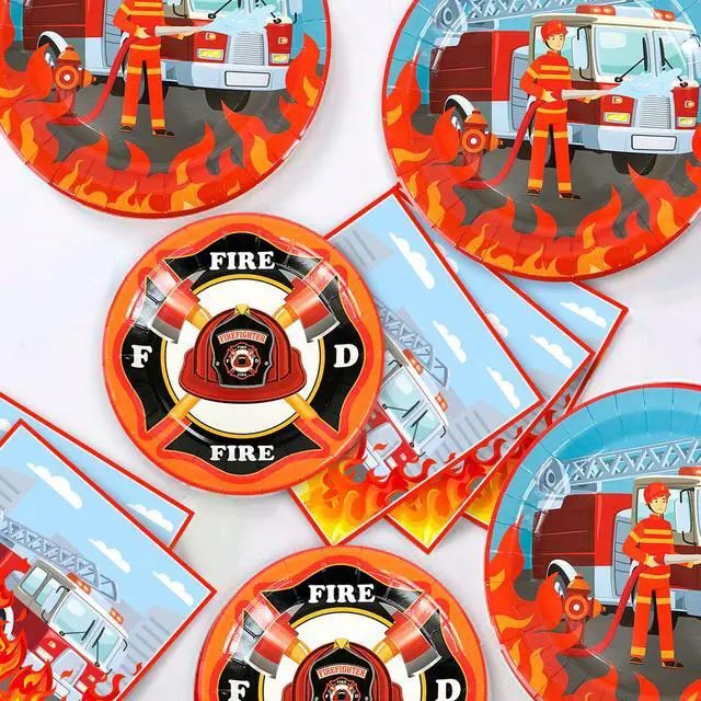 Alt view image 5 of 6 - Fire Truck Birthday Party Supplies, 16 Guests Fire Truck Party Tableware, Firetruck Decorations Balloons Plates Napkins Tablecloth etc Fireman Birthday Party Decorations
