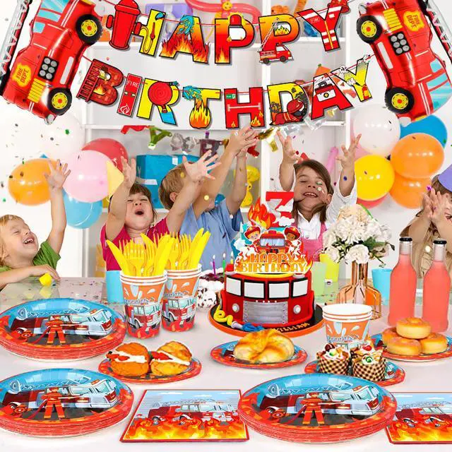 Alt view image 4 of 6 - Fire Truck Birthday Party Supplies, 16 Guests Fire Truck Party Tableware, Firetruck Decorations Balloons Plates Napkins Tablecloth etc Fireman Birthday Party Decorations