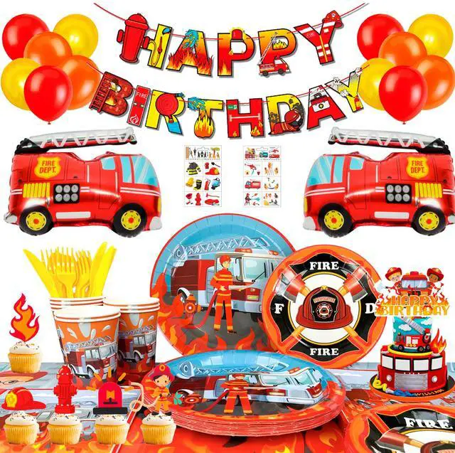 Main image of Fire Truck Birthday Party Supplies, 16 Guests Fire Truck Party Tableware, Firetruck Decorations Balloons Plates Napkins Tablecloth etc Fireman Birthday Party Decorations