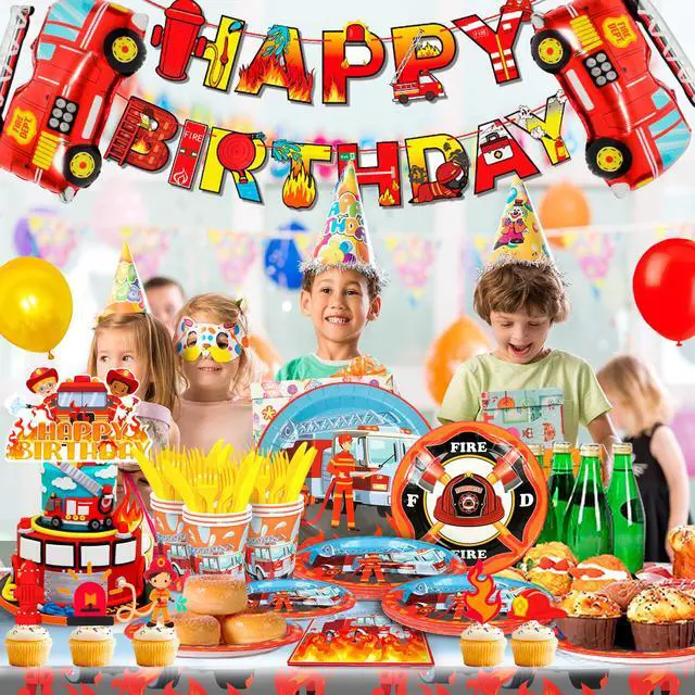 Alt view image 3 of 6 - Fire Truck Birthday Party Supplies, 16 Guests Fire Truck Party Tableware, Firetruck Decorations Balloons Plates Napkins Tablecloth etc Fireman Birthday Party Decorations
