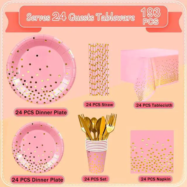 Alt view image 6 of 6 - Rose Gold Party Supplies, 24 Guests Rose Gold Dot on White Paper Plates Napkins and Cups Pink and Glod Dinnerware Sets for Wedding Birthday Party Decorations