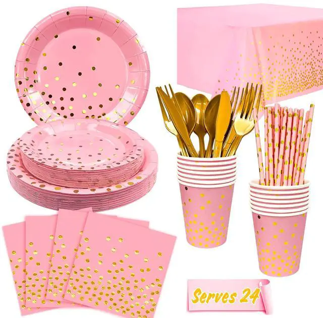 Main image of Rose Gold Party Supplies, 24 Guests Rose Gold Dot on White Paper Plates Napkins and Cups Pink and Glod Dinnerware Sets for Wedding Birthday Party Decorations