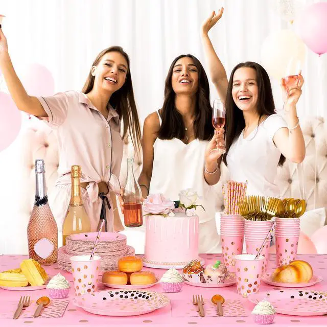Alt view image 5 of 6 - Rose Gold Party Supplies, 24 Guests Rose Gold Dot on White Paper Plates Napkins and Cups Pink and Glod Dinnerware Sets for Wedding Birthday Party Decorations