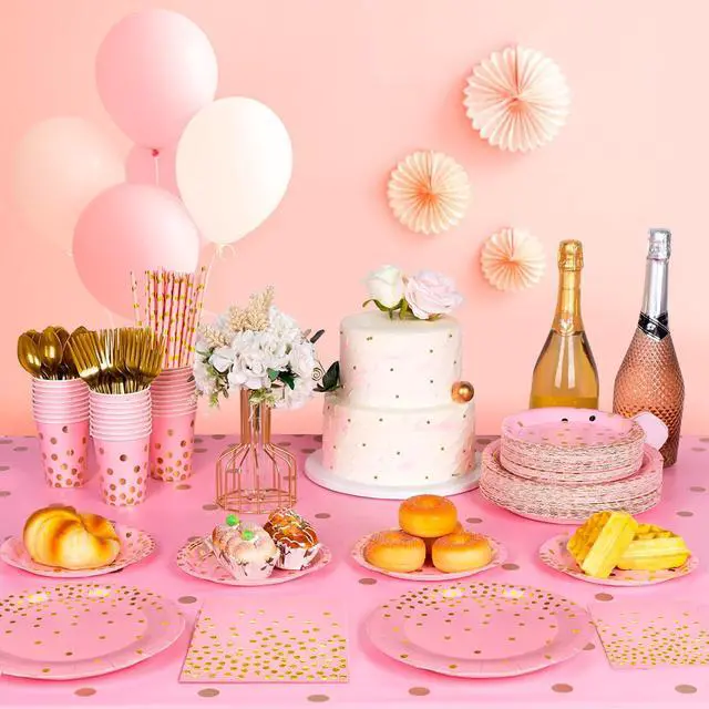 Alt view image 2 of 6 - Rose Gold Party Supplies, 24 Guests Rose Gold Dot on White Paper Plates Napkins and Cups Pink and Glod Dinnerware Sets for Wedding Birthday Party Decorations