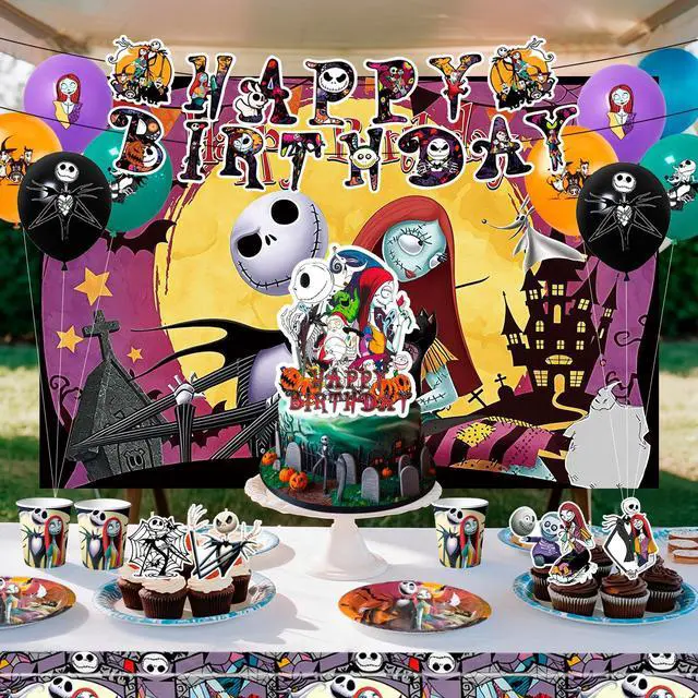 Alt view image 4 of 7 - 98 Pcs The Nightmare Before Christmas Birthday Party Decorations & Tableware - The Nightmare Before Christmas Plates Tablecloth Napkins & Balloons Banners Backdrop etc Christmas Party Supplies