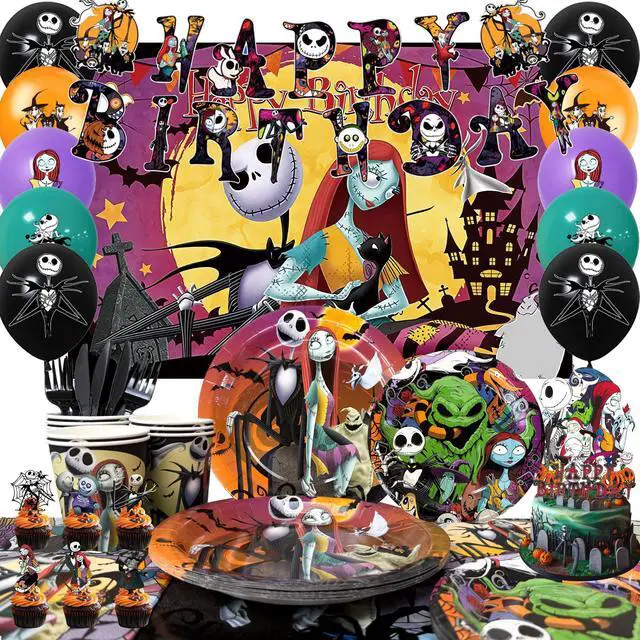Main image of 98 Pcs The Nightmare Before Christmas Birthday Party Decorations & Tableware - The Nightmare Before Christmas Plates Tablecloth Napkins & Balloons Banners Backdrop etc Christmas Party Supplies