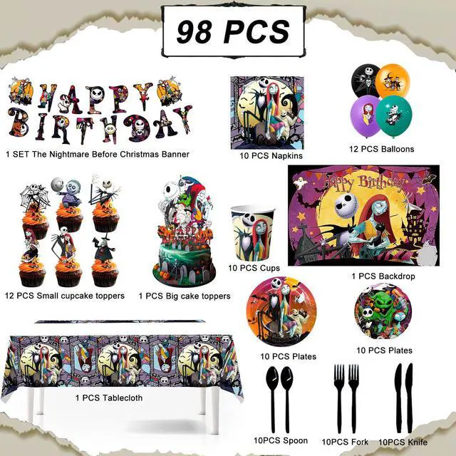 Alt view image 7 of 7 - 98 Pcs The Nightmare Before Christmas Birthday Party Decorations & Tableware - The Nightmare Before Christmas Plates Tablecloth Napkins & Balloons Banners Backdrop etc Christmas Party Supplies