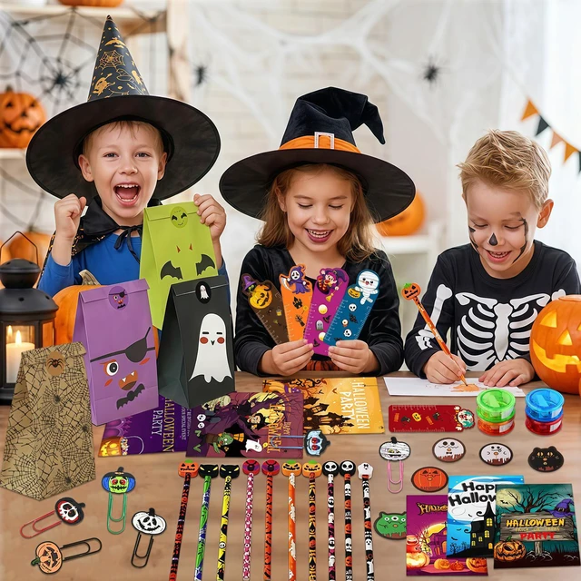Alt view image 2 of 6 - 60 Pcs Halloween Party Favors Set - Halloween Gift Bags Pens Pencil Sharpener Bookmark & Halloween Themed Paper Clips etc Halloween Party Goodie Bags Stuffer for Halloween Party Supplies