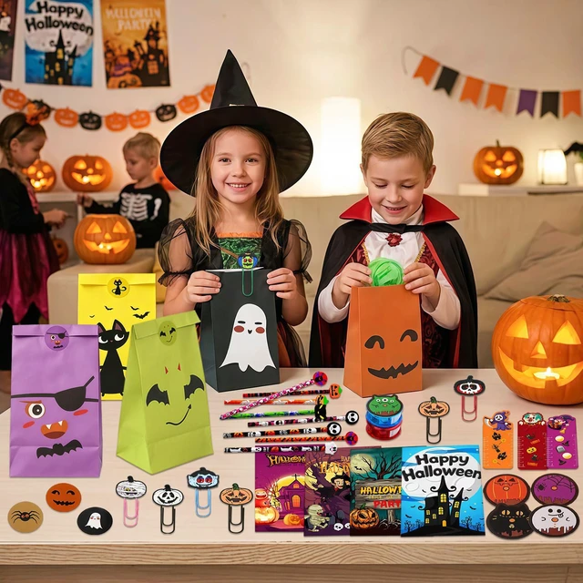 Alt view image 3 of 6 - 60 Pcs Halloween Party Favors Set - Halloween Gift Bags Pens Pencil Sharpener Bookmark & Halloween Themed Paper Clips etc Halloween Party Goodie Bags Stuffer for Halloween Party Supplies