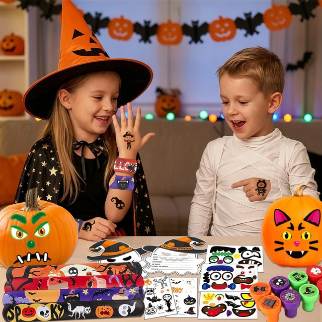 Alt view image 2 of 6 - 74 Pcs Halloween Party Favors Set - Halloween Fluorescent Stickers Stamps Invitation Cards & Halloween Party Slap Bracelets etc Halloween Party Goodie Bags Stuffer for Halloween Party Supplies