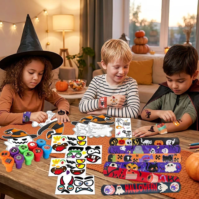 Alt view image 4 of 6 - 74 Pcs Halloween Party Favors Set - Halloween Fluorescent Stickers Stamps Invitation Cards & Halloween Party Slap Bracelets etc Halloween Party Goodie Bags Stuffer for Halloween Party Supplies