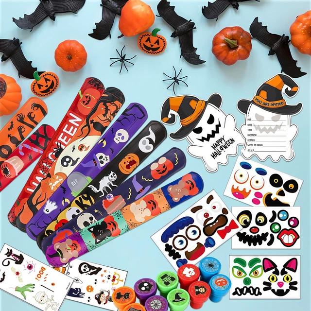 Alt view image 5 of 6 - 74 Pcs Halloween Party Favors Set - Halloween Fluorescent Stickers Stamps Invitation Cards & Halloween Party Slap Bracelets etc Halloween Party Goodie Bags Stuffer for Halloween Party Supplies