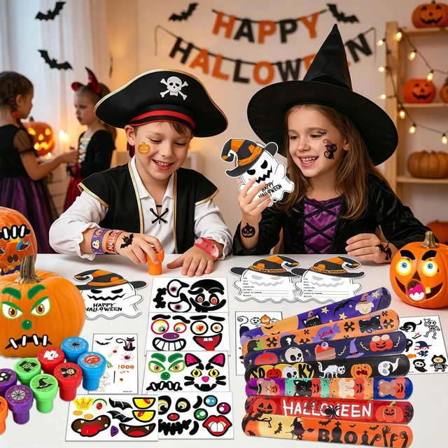 Alt view image 3 of 6 - 74 Pcs Halloween Party Favors Set - Halloween Fluorescent Stickers Stamps Invitation Cards & Halloween Party Slap Bracelets etc Halloween Party Goodie Bags Stuffer for Halloween Party Supplies