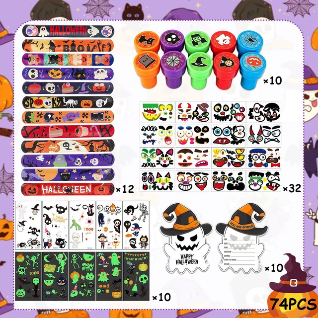 Alt view image 6 of 6 - 74 Pcs Halloween Party Favors Set - Halloween Fluorescent Stickers Stamps Invitation Cards & Halloween Party Slap Bracelets etc Halloween Party Goodie Bags Stuffer for Halloween Party Supplies