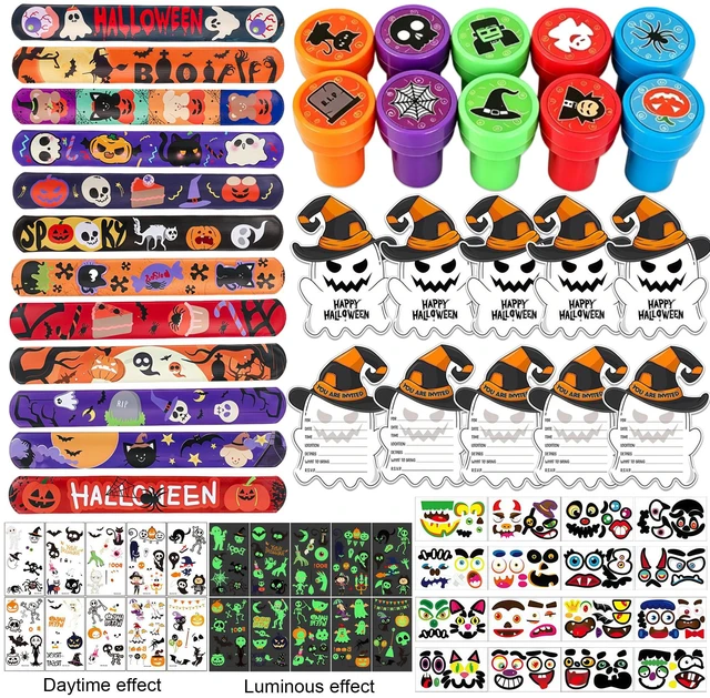 Main image of 74 Pcs Halloween Party Favors Set - Halloween Fluorescent Stickers Stamps Invitation Cards & Halloween Party Slap Bracelets etc Halloween Party Goodie Bags Stuffer for Halloween Party Supplies