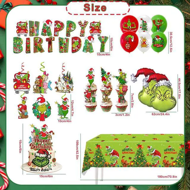 Alt view image 6 of 7 - Grinch Party Decorations, 35 Pcs Grinch Christmas Party Supplies - Grinch Party Banner Hanging Swirls Cake Toppers Balloons Tablecloth etc Christmas Grinch Birthday Party Decorations