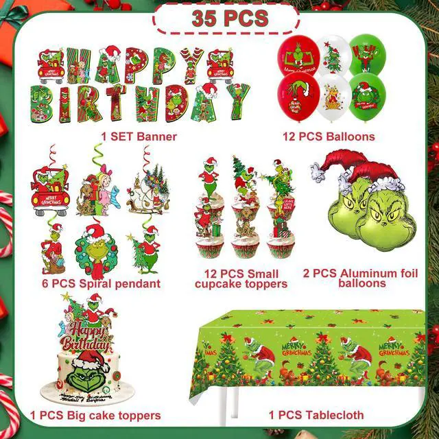 Alt view image 7 of 7 - Grinch Party Decorations, 35 Pcs Grinch Christmas Party Supplies - Grinch Party Banner Hanging Swirls Cake Toppers Balloons Tablecloth etc Christmas Grinch Birthday Party Decorations