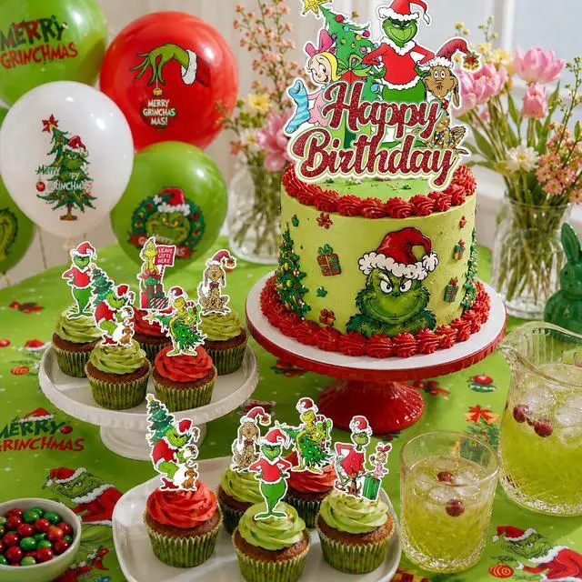 Alt view image 5 of 7 - Grinch Party Decorations, 35 Pcs Grinch Christmas Party Supplies - Grinch Party Banner Hanging Swirls Cake Toppers Balloons Tablecloth etc Christmas Grinch Birthday Party Decorations