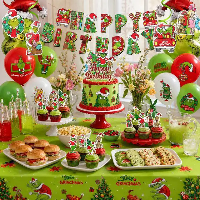 Alt view image 2 of 7 - Grinch Party Decorations, 35 Pcs Grinch Christmas Party Supplies - Grinch Party Banner Hanging Swirls Cake Toppers Balloons Tablecloth etc Christmas Grinch Birthday Party Decorations