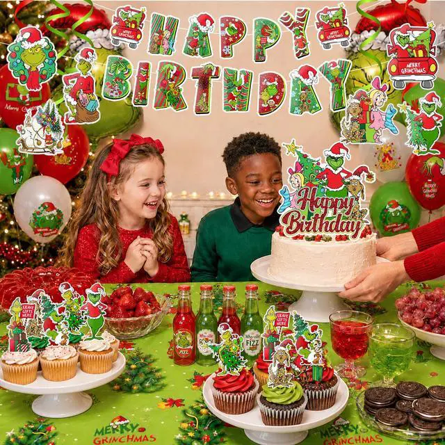 Alt view image 4 of 7 - Grinch Party Decorations, 35 Pcs Grinch Christmas Party Supplies - Grinch Party Banner Hanging Swirls Cake Toppers Balloons Tablecloth etc Christmas Grinch Birthday Party Decorations