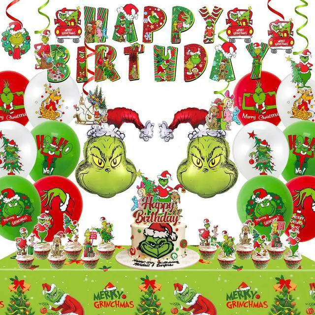 Main image of Grinch Party Decorations, 35 Pcs Grinch Christmas Party Supplies - Grinch Party Banner Hanging Swirls Cake Toppers Balloons Tablecloth etc Christmas Grinch Birthday Party Decorations