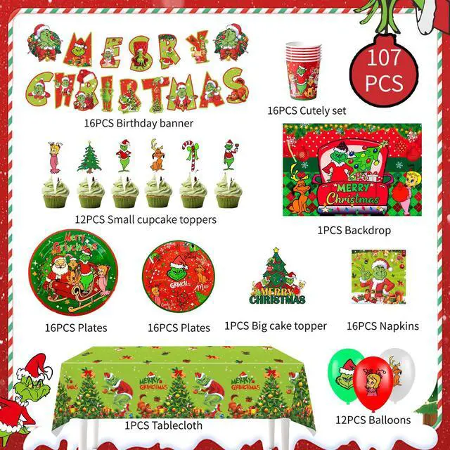 Alt view image 6 of 7 - Grinch Christmas Party Supplies, 155 Pcs Grinchmas Decorations and Tablewares - Grinch Christmas Plates Cups Napkins Tablecloth Banner Backdrop Cake Toppers Balloons for Xmas Party Supplies, Serves 16
