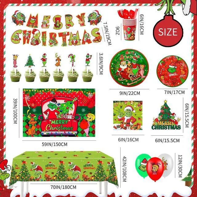Alt view image 7 of 7 - Grinch Christmas Party Supplies, 155 Pcs Grinchmas Decorations and Tablewares - Grinch Christmas Plates Cups Napkins Tablecloth Banner Backdrop Cake Toppers Balloons for Xmas Party Supplies, Serves 16