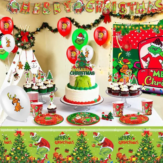 Alt view image 5 of 7 - Grinch Christmas Party Supplies, 155 Pcs Grinchmas Decorations and Tablewares - Grinch Christmas Plates Cups Napkins Tablecloth Banner Backdrop Cake Toppers Balloons for Xmas Party Supplies, Serves 16