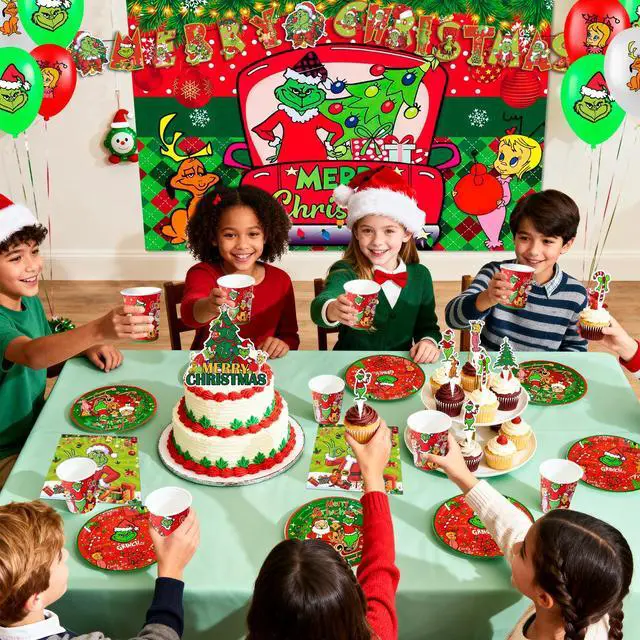 Alt view image 4 of 7 - Grinch Christmas Party Supplies, 155 Pcs Grinchmas Decorations and Tablewares - Grinch Christmas Plates Cups Napkins Tablecloth Banner Backdrop Cake Toppers Balloons for Xmas Party Supplies, Serves 16