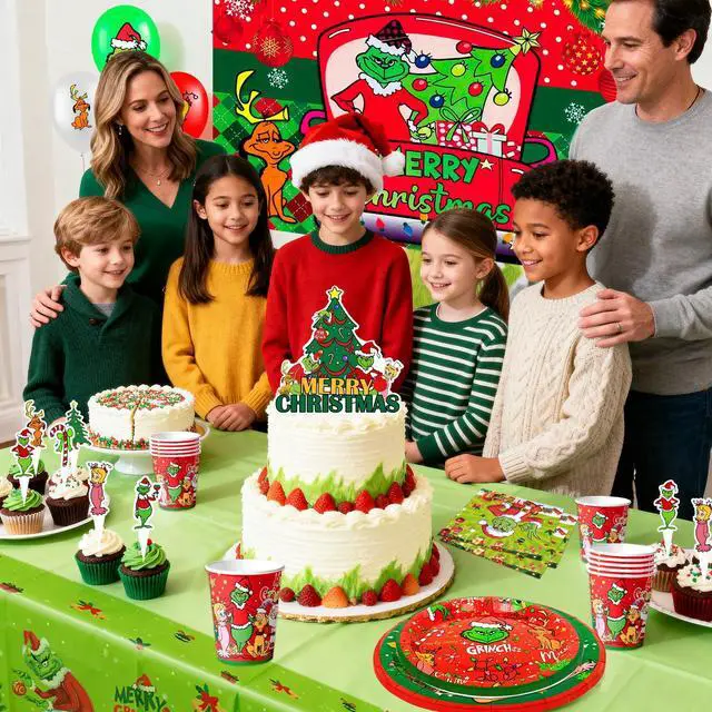 Alt view image 3 of 7 - Grinch Christmas Party Supplies, 155 Pcs Grinchmas Decorations and Tablewares - Grinch Christmas Plates Cups Napkins Tablecloth Banner Backdrop Cake Toppers Balloons for Xmas Party Supplies, Serves 16