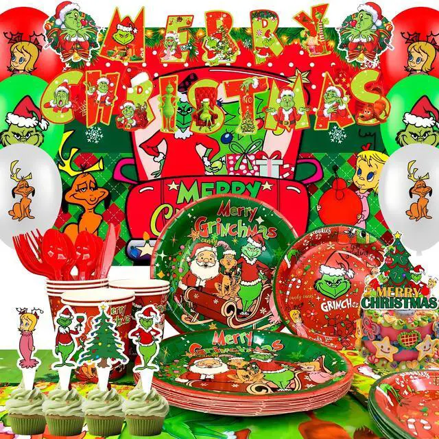 Main image of Grinch Christmas Party Supplies, 155 Pcs Grinchmas Decorations and Tablewares - Grinch Christmas Plates Cups Napkins Tablecloth Banner Backdrop Cake Toppers Balloons for Xmas Party Supplies, Serves 16