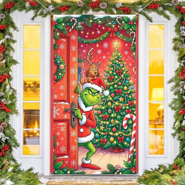 Main image of Christmas Door Decorations, 35.4×70.9 Inch Christmas Door Cover for Front Door, Christmas Photography Backdrop for Xmas Party Decorations