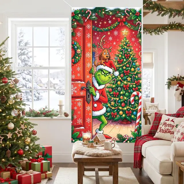 Alt view image 3 of 7 - Christmas Door Decorations, 35.4×70.9 Inch Christmas Door Cover for Front Door, Christmas Photography Backdrop for Xmas Party Decorations