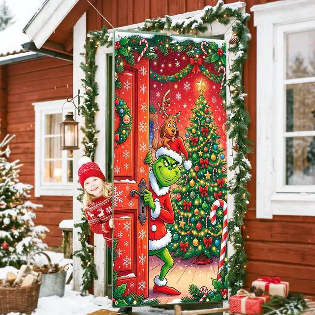 Alt view image 5 of 7 - Christmas Door Decorations, 35.4×70.9 Inch Christmas Door Cover for Front Door, Christmas Photography Backdrop for Xmas Party Decorations
