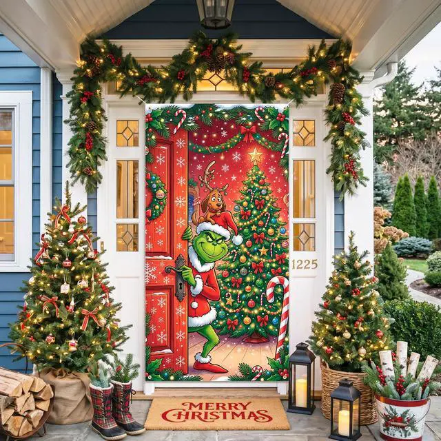 Alt view image 4 of 7 - Christmas Door Decorations, 35.4×70.9 Inch Christmas Door Cover for Front Door, Christmas Photography Backdrop for Xmas Party Decorations