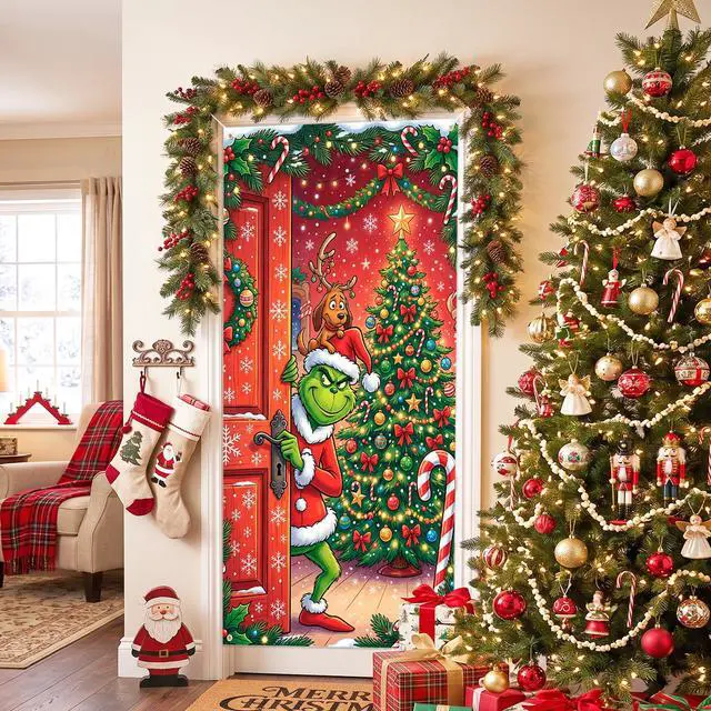 Alt view image 2 of 7 - Christmas Door Decorations, 35.4×70.9 Inch Christmas Door Cover for Front Door, Christmas Photography Backdrop for Xmas Party Decorations