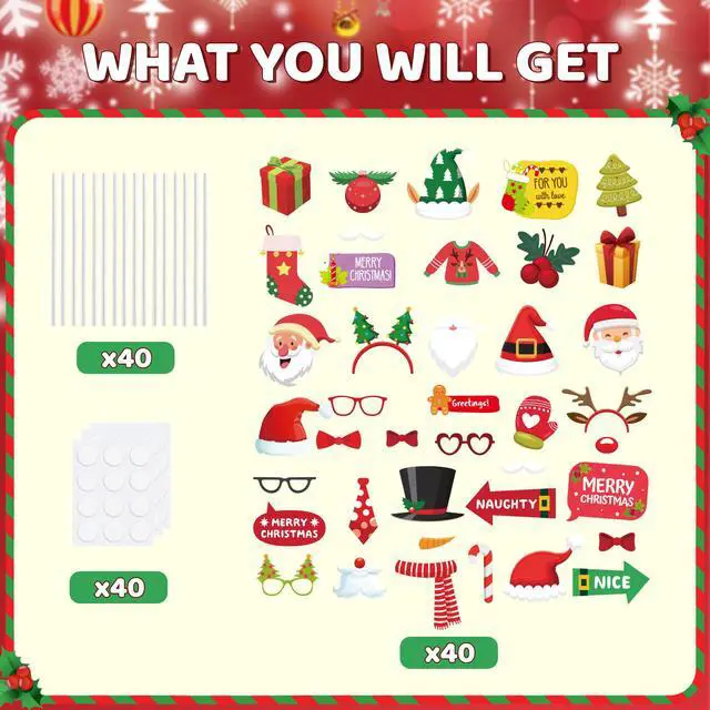 Alt view image 7 of 7 - 40pcs Christmas Photo Booth Props for Christmas Party Decorations,Christmas Photo Props,Xmas Photo Booth Props,Christmas Decorations,Christmas Party Supplies Favors