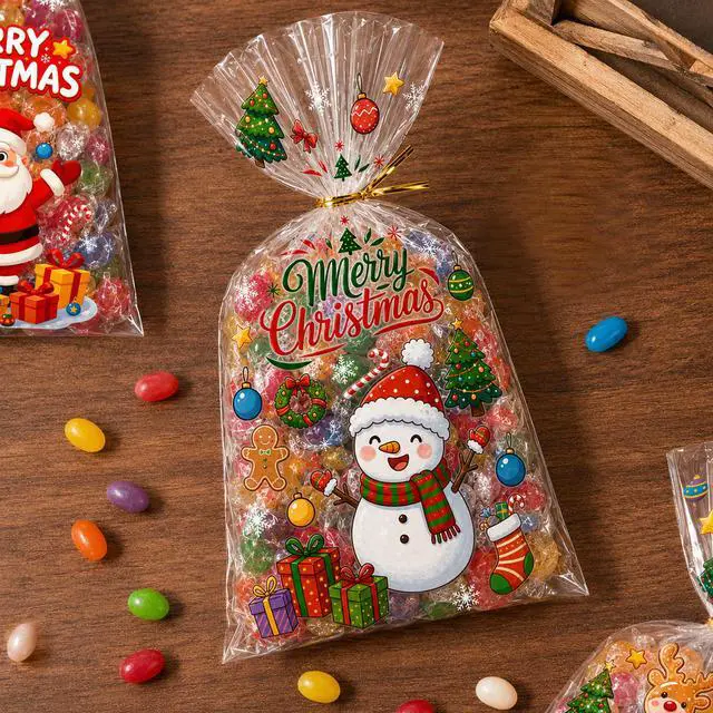 Alt view image 3 of 6 - 120pcs Christmas Cellophane Treat Bags, 4 Styles Christmas Candy Xmas Goodie Gifts Bags with Twist Ties for Christmas Party Favor Supplies