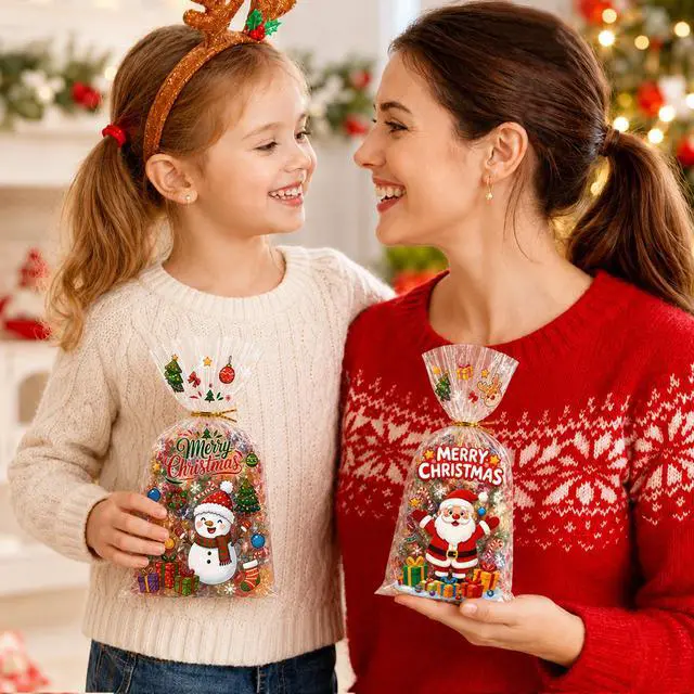 Alt view image 4 of 6 - 120pcs Christmas Cellophane Treat Bags, 4 Styles Christmas Candy Xmas Goodie Gifts Bags with Twist Ties for Christmas Party Favor Supplies