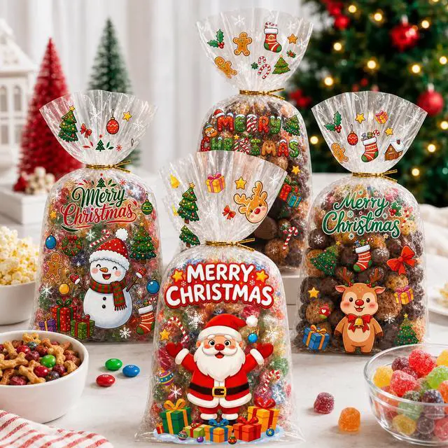 Alt view image 2 of 6 - 120pcs Christmas Cellophane Treat Bags, 4 Styles Christmas Candy Xmas Goodie Gifts Bags with Twist Ties for Christmas Party Favor Supplies