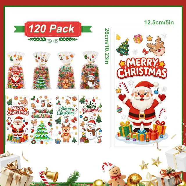 Alt view image 6 of 6 - 120pcs Christmas Cellophane Treat Bags, 4 Styles Christmas Candy Xmas Goodie Gifts Bags with Twist Ties for Christmas Party Favor Supplies