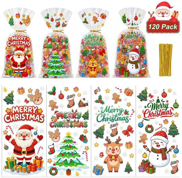 Main image of 120pcs Christmas Cellophane Treat Bags, 4 Styles Christmas Candy Xmas Goodie Gifts Bags with Twist Ties for Christmas Party Favor Supplies